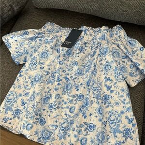 Zara Blue Puff Sleeve Smocked Blouse